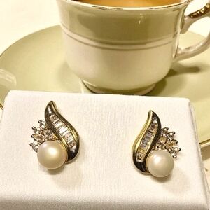White Sapphire, Cultured Pearl & Gold Over Sterling Silver Elegant Earrings